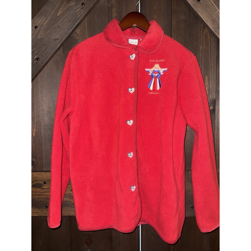 Cherokee Women's Sz M Red Button‎ Up Fleece Jacket Coat God Bless America